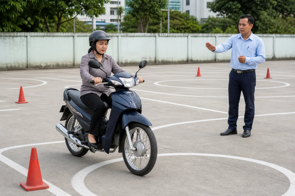 Học viên nữ thấp người luyện tư thế ngồi và hướng nhìn trên sân tập vòng số 8